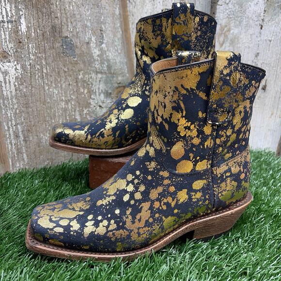 CoFi Leathers Charcoal Gold Metallic Short Cowboy Boots Women's 6.5 - Picture 1 of 8
